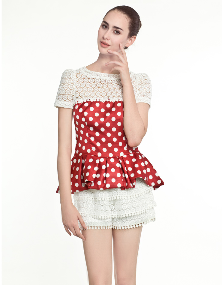 Dot pattern lady dress with lace top